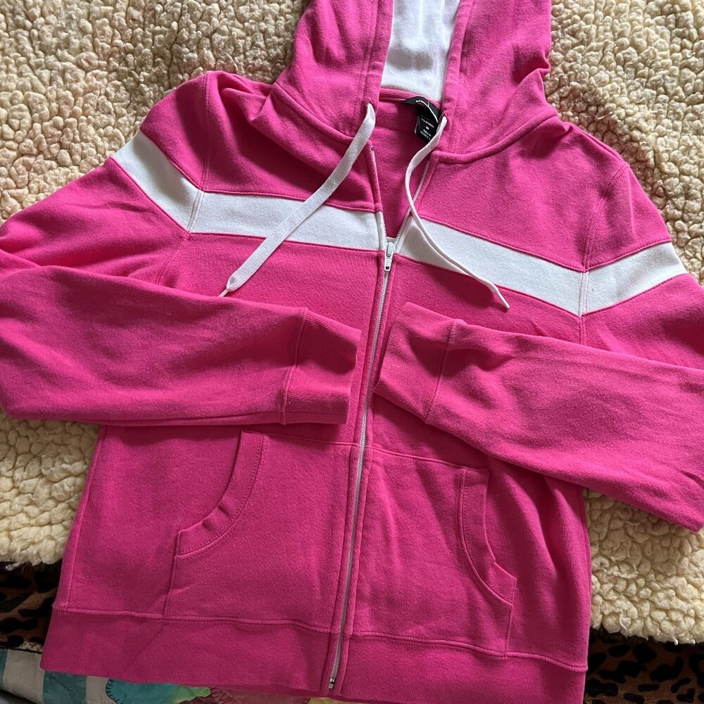 Women's Moda Pink and white zip up cotton spandex hoodie - Size M